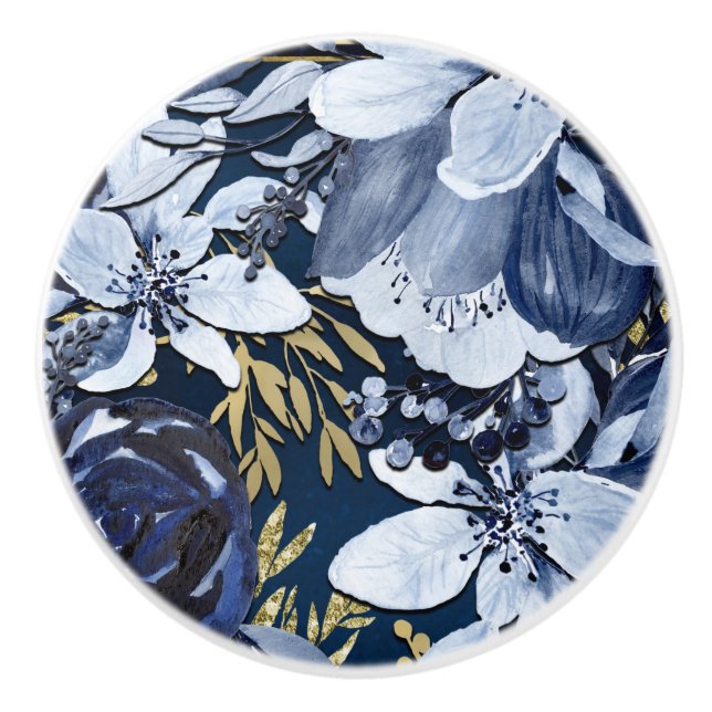 Navy Blue & Gold Elegante Moderne Wasserfarben Keramikknauf (Vorderseite)