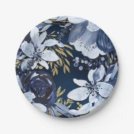 Navy Blue & Gold Elegante Moderne Wasserfarben Pappteller