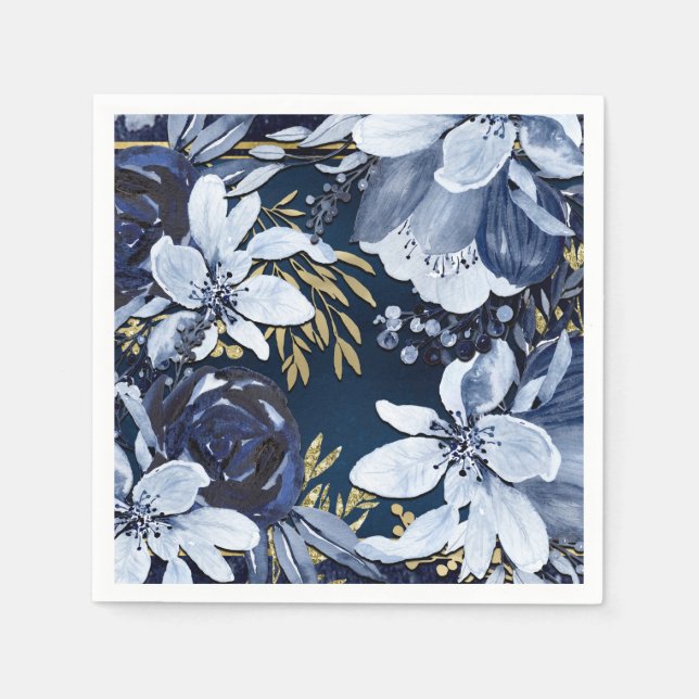 Navy Blue & Gold Elegante Moderne Wasserfarben Serviette (Vorderseite)