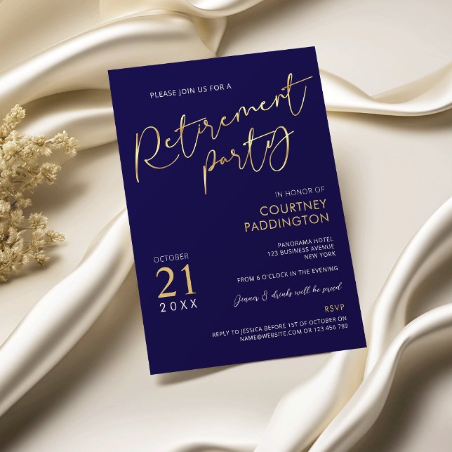 Navy Blue & Gold Elegantes Classic Retirement Part Einladung (Modern navy and faux gold retirement party invitation)