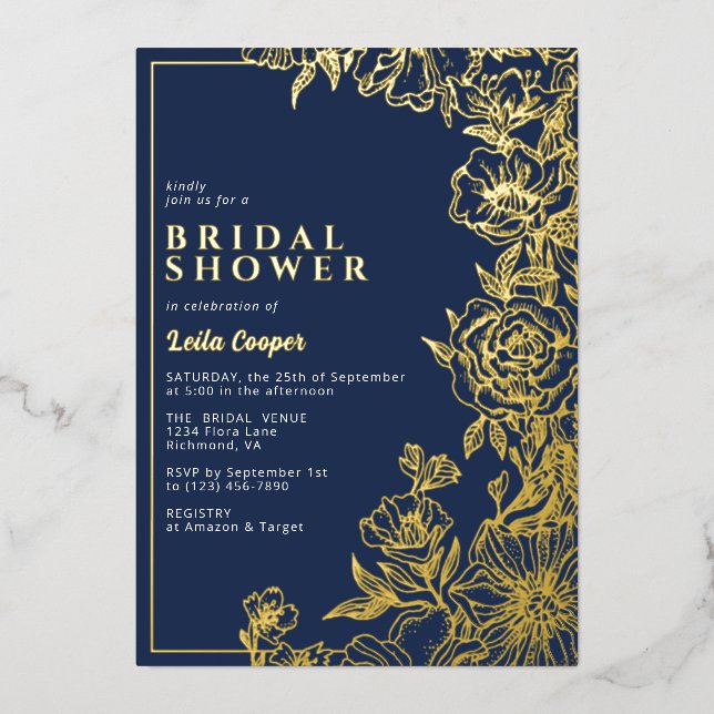 Navy Blue & Gold | Elegantes florales Brautparty Folieneinladung (Vorderseite)