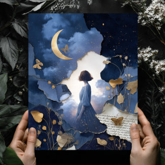 Navy Blue Gold Fantasy Night Sky Wall Art Print Poster
