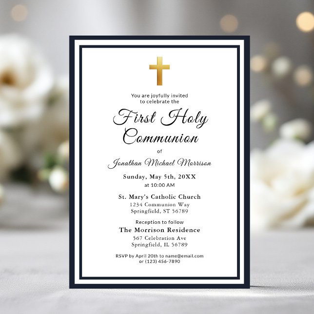 Navy Blue Gold First Heilige Kommunion Boy's Einladung (Von Creator hochgeladen)