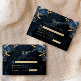 Navy Blue Gold Floral Agate Script Hochzeit RSVP Begleitkarte