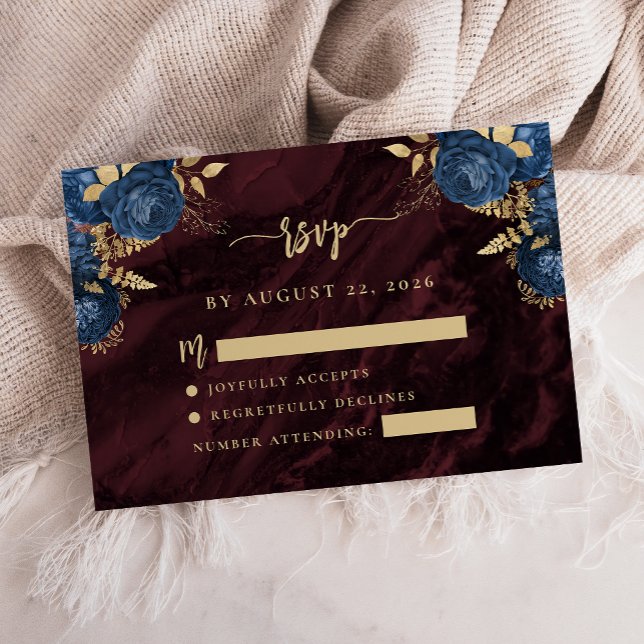 Navy Blue Gold Floral Burgundy Script Wedding RSVP Begleitkarte (Von Creator hochgeladen)