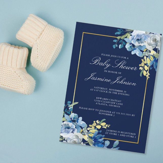 Navy Blue Gold Floral Elegant Baby Shower Einladung (Von Creator hochgeladen)