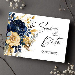 Navy Blue Gold Floral Elegant Save the Date Ankündigungspostkarte