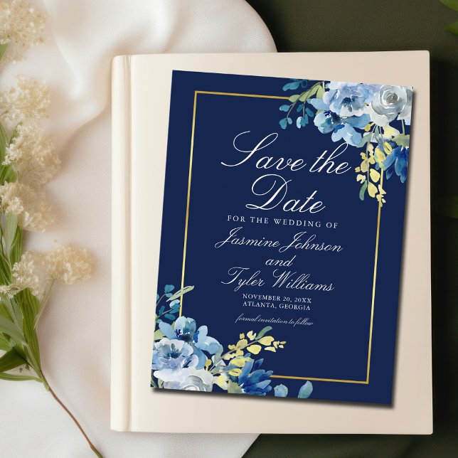 Navy Blue Gold Floral Elegant Save The Date Postkarte (Von Creator hochgeladen)