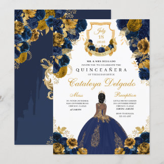 Navy Blue & Gold Floral Elegante Quinceñera Einladung