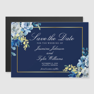 Navy Blue Gold Floral Eleganter Winter Save the Da Magneteinladung