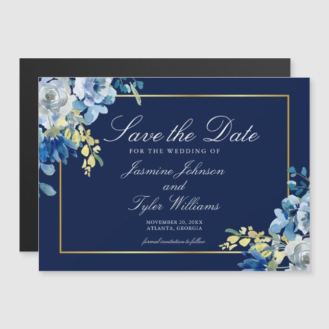 Navy Blue Gold Floral Eleganter Winter Save the Da Magneteinladung (Vorne/Hinten)