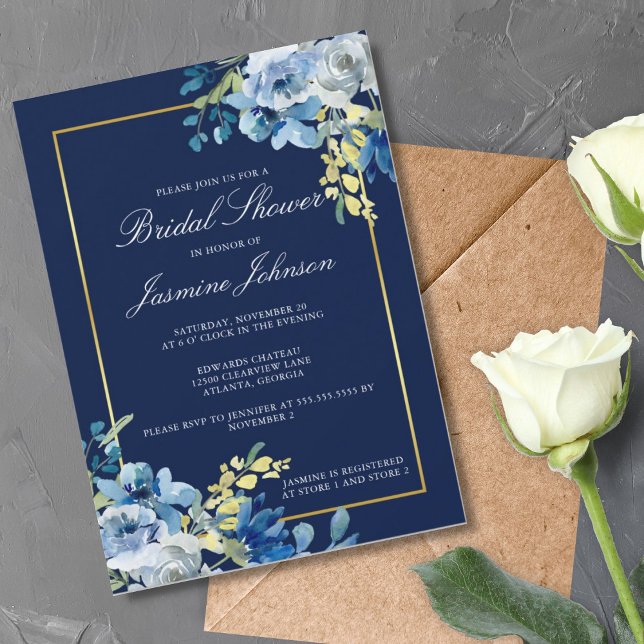 Navy Blue Gold Floral Elegantes Brautparty Einladung (Von Creator hochgeladen)