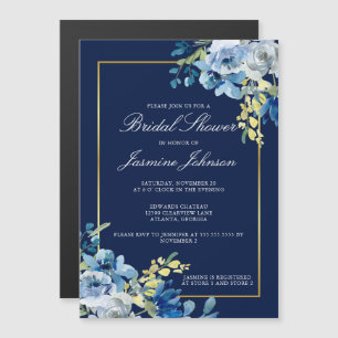 Navy Blue Gold Floral Elegantes Brautparty Magneteinladung