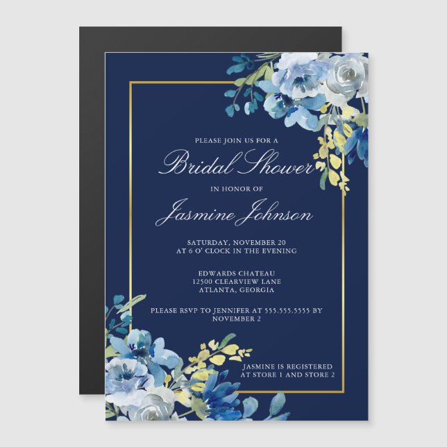 Navy Blue Gold Floral Elegantes Brautparty Magneteinladung (Vorne/Hinten)