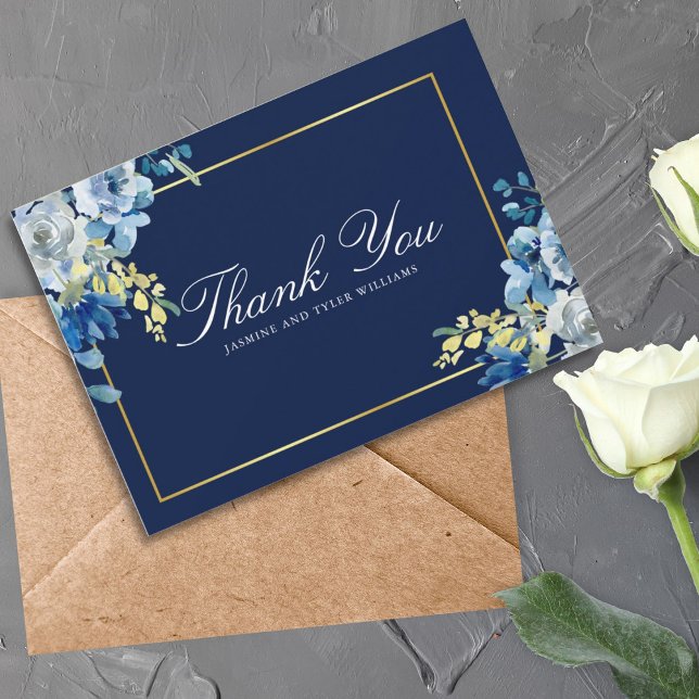 Navy Blue Gold Floral Elegantes White Script Dankeskarte (Von Creator hochgeladen)