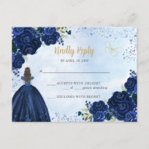 Navy Blue Gold Floral Princess Quinceañera UAWG