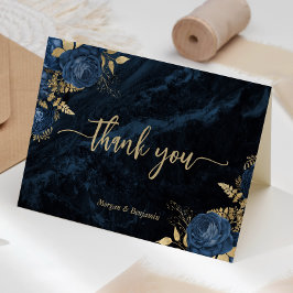 Navy Blue Gold Floral Script Wedding Dankeskarte