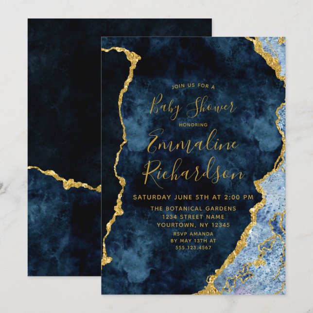 Navy Blue & Gold Foil Agate Baby Shower Einladung (Vorne/Hinten)