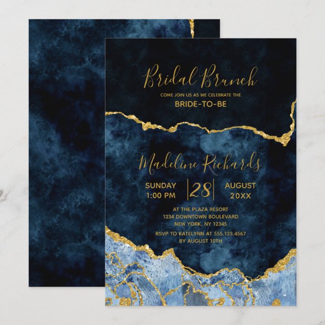 Navy Blue Gold Foil Agate Bridal Brunch Einladung (Vorne/Hinten)