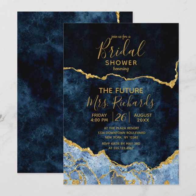 Navy Blue Gold Foil Agate Bridal Dusche Einladung (Vorne/Hinten)