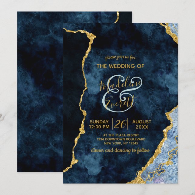 Navy Blue Gold Foil Agate Gilt Hochzeitseinladunge Einladung (Vorne/Hinten)