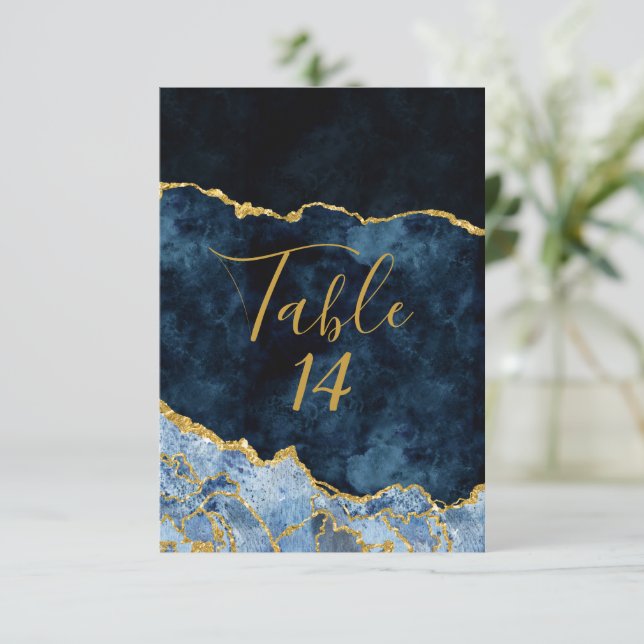 Navy Blue Gold Foil Agate Hochzeitsfeiern Tischnum Einladung (Stehend Vorderseite)