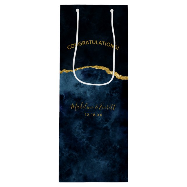 Navy Blue Gold Foil Agate Hochzeitsgratulation Geschenktüte Für Weinflaschen (Vorderseite)