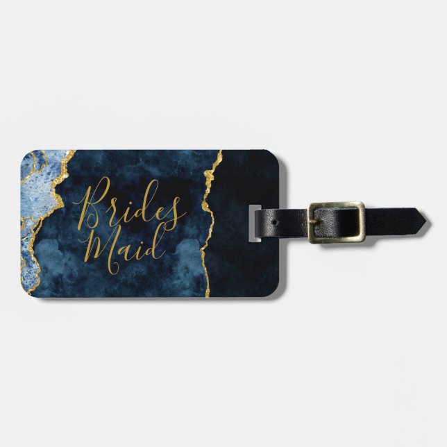 Navy Blue & Gold Foil Agate Marble Bridesmaid Gepäckanhänger (Vorderseite horizontal)