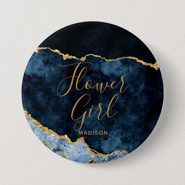 Navy Blue & Gold Foil Agate Marble Flower Girl Button (Vorderseite)