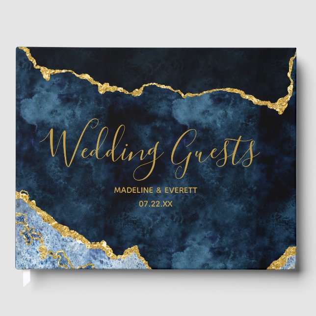 Navy Blue Gold Foil Agate Marble Gilded Wedding Gästebuch (Vorderseite)