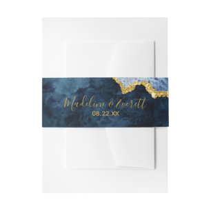 Navy Blue Gold Foil Agate Marble Wedding Monogram Einladungsbanderole
