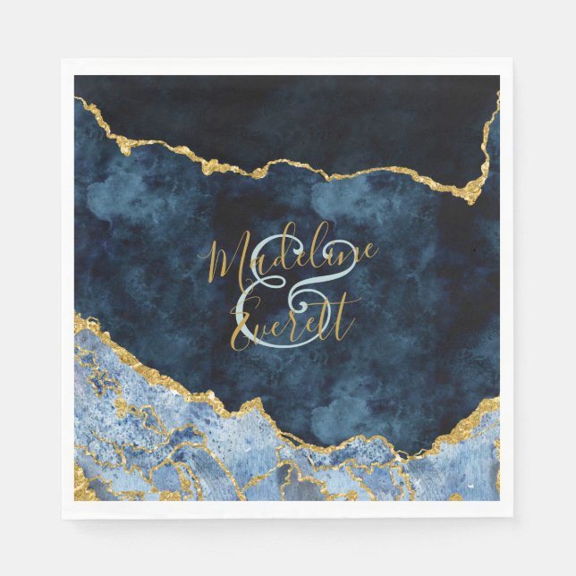 Navy Blue Gold Foil Agate Marble Wedding Monogram Serviette (Vorderseite)