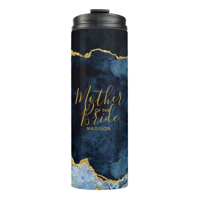 Navy Blue & Gold Foil Agate Mutter der Braut Thermosbecher (Vorderseite)
