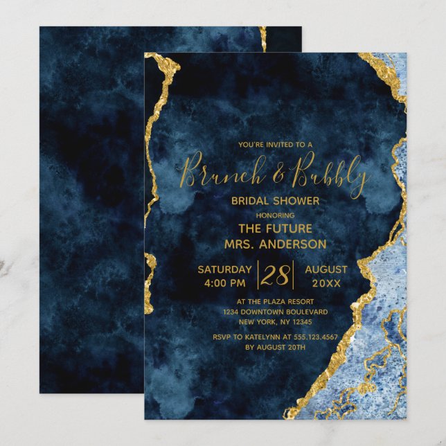 Navy Blue Gold Foil Brunch & Bubbly Brautparty Einladung (Vorne/Hinten)