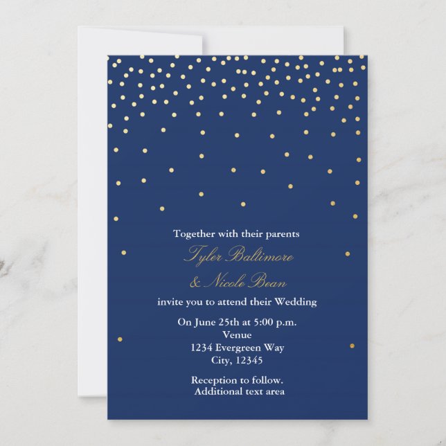 Navy Blue Gold Foil Dots Moderne Hochzeitseinladun Einladung (Vorderseite)