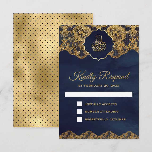 Navy Blue Gold Foil Lace Islamische Hochzeit RSVP Karte (Vorne/Hinten)