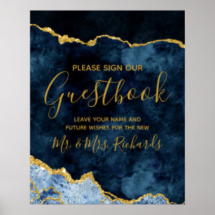 Navy Blue Gold Foil Wedding Guestbook Table Sign Poster