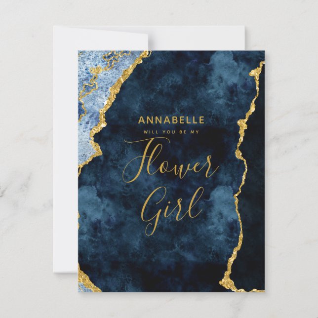 Navy Blue Gold Foil wirst du mein Blumenmädchen se Einladung (Vorderseite)