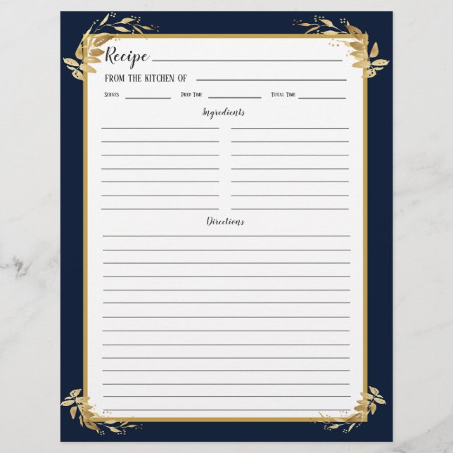 Navy Blue Gold Foliage Recipe Binder Page (Rückseite)