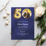 Navy Blue Gold Foto 50. Geburtstag Einladung<br><div class="desc">Ein modernes,  minimalistisches Foto für eine 50. Geburtstagsfeier. Ein marineblau unebenfarbiger Hintergrund. Personalisieren und fügen Sie Foto- und Party-Details hinzu.</div>