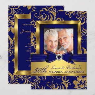Navy Blue Gold Foto 50. Hochzeitstag Einladung