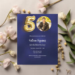 Navy Blue Gold Foto Einladung zum 50. Geburtstag<br><div class="desc">Ein modernes,  minimalistisches Foto für eine 50. Geburtstagsfeier. Ein marineblau unebenfarbiger Hintergrund. Personalisieren und fügen Sie Foto- und Party-Details hinzu. 1 Blatt = 1 Einladung mit Druckkante bis Kante.</div>