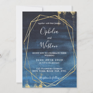 Navy Blue Gold Frame Elegant Luxury Wedding Einladung