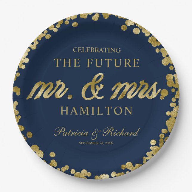 Navy Blue Gold Future Mr. und Mrs. Engagement Part Pappteller (Vorderseite)