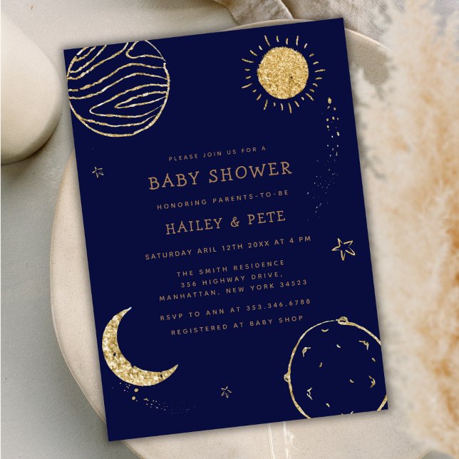 Navy Blue Gold Galaxy Moon Star Boy Baby Dusche Einladung (Navy Blue Gold Galaxy Moon Star Boy Baby Shower Invitation)