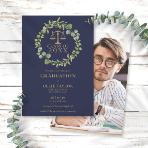 Navy Blue Gold Garland Photo Law School Graduation Einladung