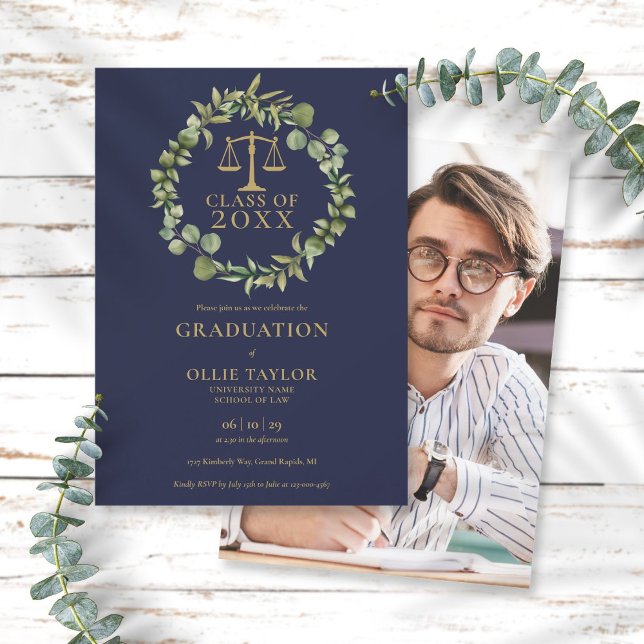 Navy Blue Gold Garland Photo Law School Graduation Einladung (Von Creator hochgeladen)