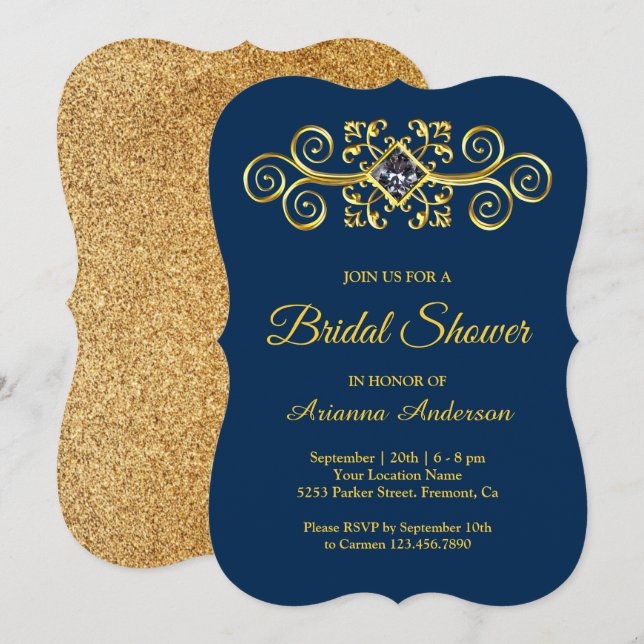 Navy Blue Gold Geblüht Diamond Brautparty Einladung (Vorne/Hinten)
