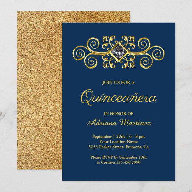 Navy Blue Gold Geblüht Diamond Quinceanera Einladung (Vorne/Hinten)