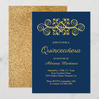 Navy Blue Gold Geblüht Diamond Quinceanera Einladung